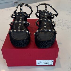 Valentino Black Pyramid-Stud Wedge Sandals 40